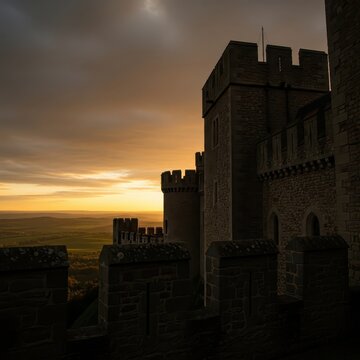 Ancient stone castle battlements silhouetted against a dramatic sunset sky
