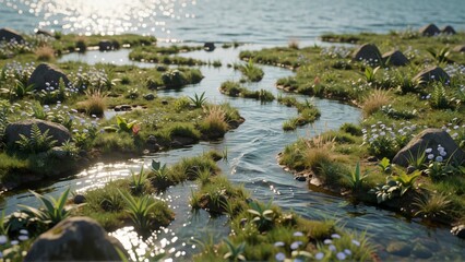 Naklejka premium Flowing stream through a lush green meadow landscape with sparkling water under bright sunlight