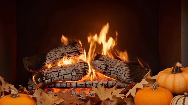 Close up of traditional home hearth fire with festive pumpkins and autumn leaves