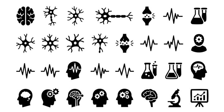 Brain and neuron icons depicting human mind and science concepts on a white background