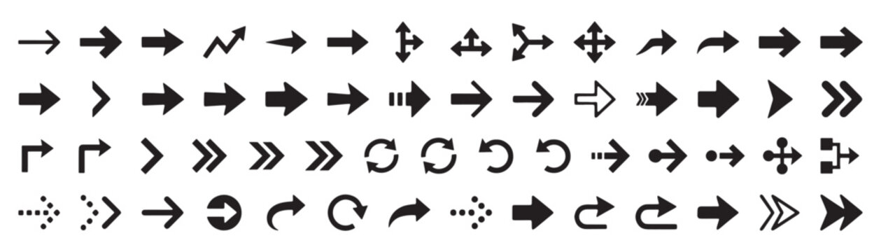 Set of black right arrows in different styles and angles on plain background
