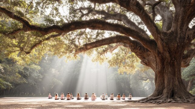 Serene group meditation under majestic oak tree in sunlit forest
