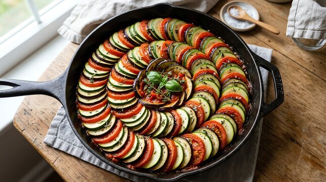 Ratatouille vegetables in cast iron skillet
