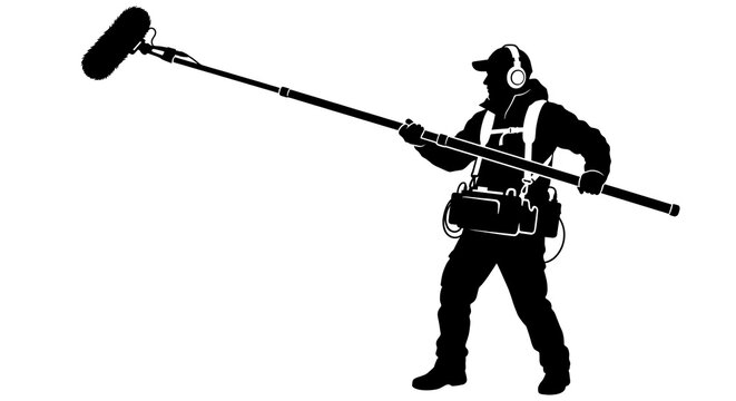 Sound recordist silhouette holding long boom microphone