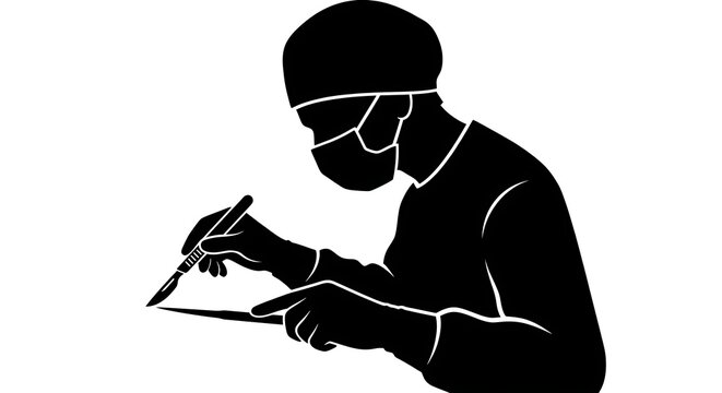 Professional surgeon performing operation with scalpel silhouette