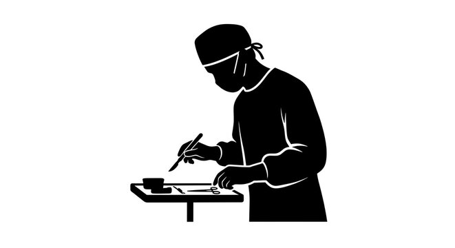 Medical doctor preparing for operation with tools silhouette