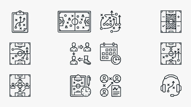 Elegant Black and White Line Icons Set Featuring Soccer Tactics Coaching Strategy and Communication Concepts