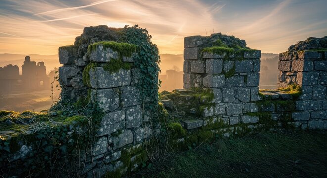 Ancient stone parapet ruins overgrown with moss and ivy at sunset