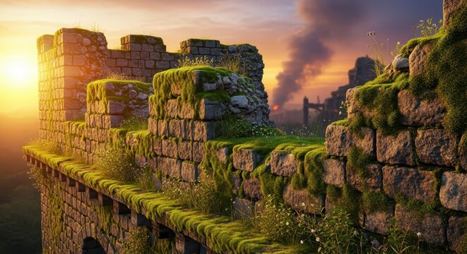 Ancient Stone Parapet Ruins Overgrown with Moss at Sunset