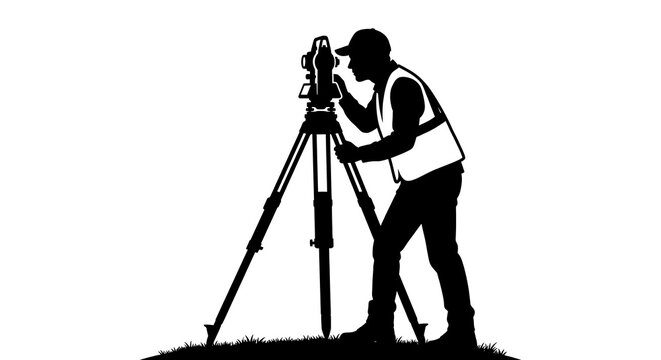Construction surveyor silhouette using measuring tools on a field