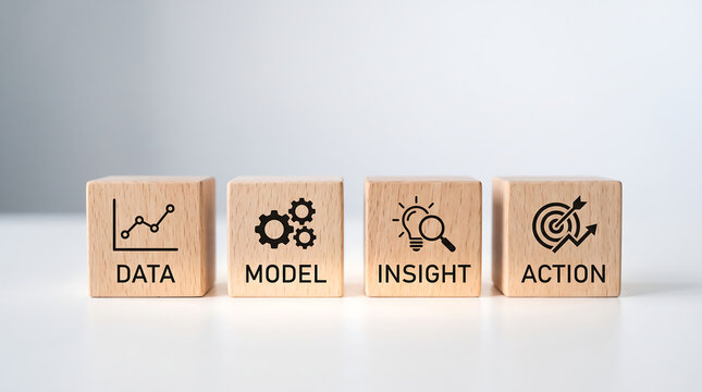 Business strategy blocks, wooden cubes with data, model, insight, action concepts, analytics symbols
