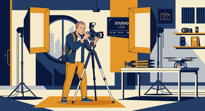 Professional photographer taking pictures with camera in photo studio