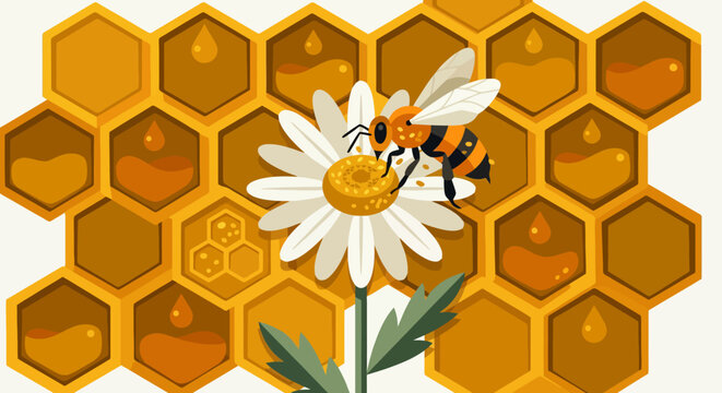 Honey bee pollinating a white daisy flower on a golden honeycomb background, vector illustration