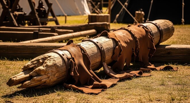 Ancient Wooden Battering Ram with Leather Bindings