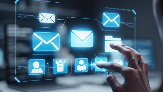 Hand Interacting with Futuristic Email Interface - A person's hand touches a transparent screen displaying glowing blue icons representing emails and digital data.
