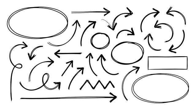 Hand drawn arrow and geometric shape doodles with handdrawn, rectangles