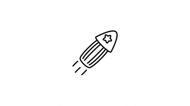 Minimalist outline animation of a firework rocket decorated with American flag pattern flying up drawing on and fading out. Features 3 color setups.
