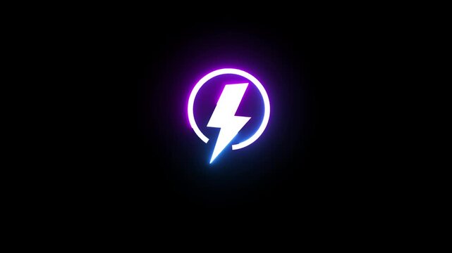 Neon glowing lightning bolt symbol animation inside circle shape on dark black background.