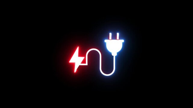 Neon glow effect power plug and lightning icon connecting with electric energy motion.
