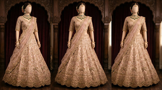 Elegant pastel pink bridal lehenga choli with intricate gold embroidery and green jewelry on mannequin, traditional Indian wedding dress.