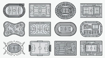 Corporate Architectural Floor Plans Showcasing Various Sports Facility Designs in Monochrome Sketch Style © Dancok