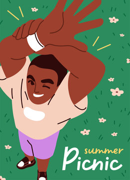 Summer holiday picnic poster design with happy smiling black man on grass, meadow, view from top, above. Young male character relaxing outdoors on lawn with flowers, card. Flat vector illustration