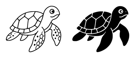 Minimalist turtle icon in outline and silhouette design, transparent background PNG © Nurhalimah