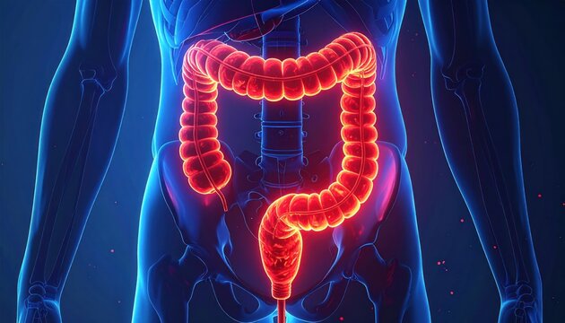 3D rendering of human colon, glowing red, part of digestive system anatomy