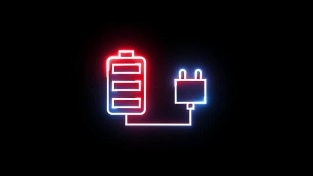 Neon battery charging icon glowing with dynamic blue and red light lines on black backdrop.
