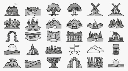 Professional Monochromatic Icons Set of 40 Scenic and Architectural Illustrations for Travel Nature and Fantasy Themes © Dancok