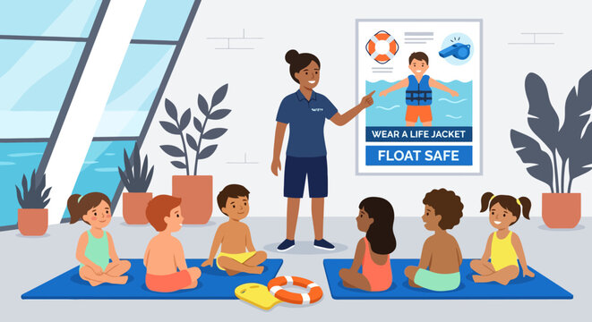Swimming instructor teaches diverse children important safety rules indoors