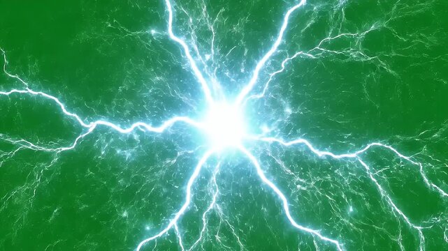 Electric Energy Burst on Green Background - A powerful burst of electric energy crackles and radiates outwards from a bright central point against a textured green background.