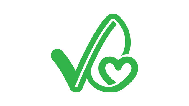 Green check mark icon with leaf and heart shape, eco friendly checkmark vector, sustainable choice and organic quality symbol for branding