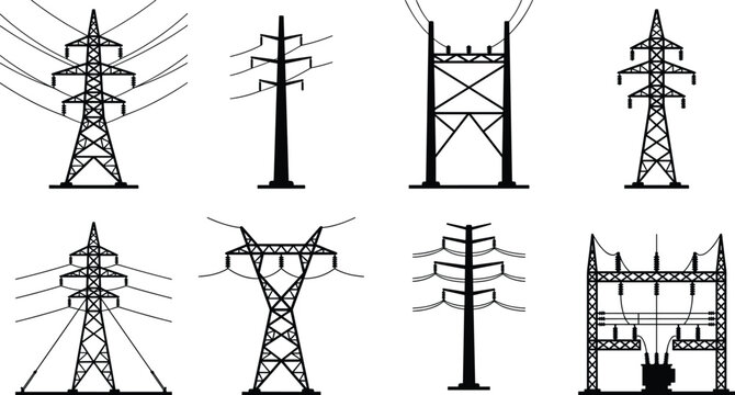 High voltage electric pylon tower silhouettes set vector illustration isolated on white background