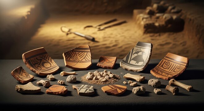 Ancient Pottery Shards and Artifacts Displayed at Archaeological Excavation Site