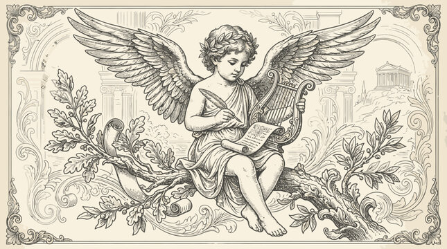 Elegant Angelic Child with Wings Reading a Book in Nature Scene.