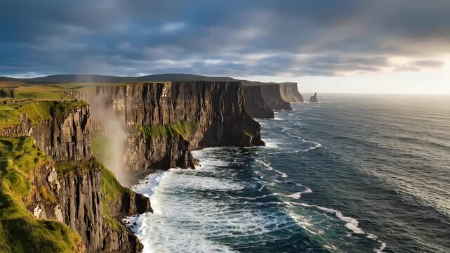 Panoramic View of Imposing Cliffs of Moher in Ireland - A breathtaking panoramic view of the imposing Cliffs of Moher in Ireland, with dramatic cliffs overlooking the vast ocean.