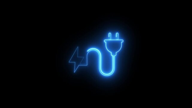 Neon blue electric plug with lightning bolt glowing on black background energy concept motion graphic.
