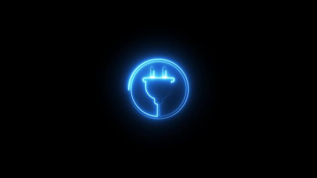 Glowing blue electric plug icon animation, energy symbol in a circle on a dark background.
