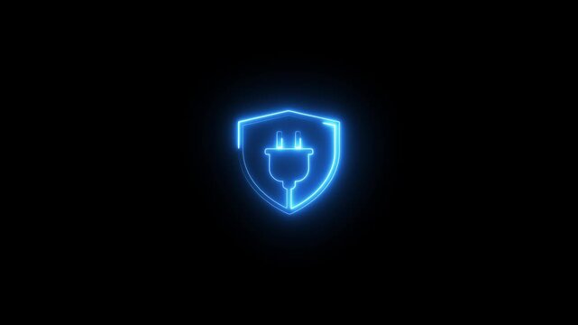 Neon power protection shield animation with electric plug icon glowing on black background.