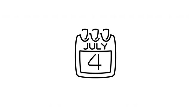Minimalist outline animation of a calendar page showing the 4th of July date drawing on and fading out. Features a clean pop up style in 3 color setups.