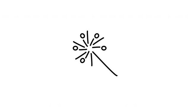 Minimalist outline animation of a single firework sparkler exploding in the sky drawing on and fading out. Features a clean pop up style in 3 color setups.