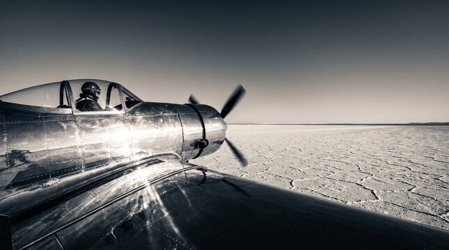 A classic, polished chrome vintage fighter aircraft sits on a vast, cracked salt flat desert with its propeller spinning, while a pilot wearing a retro helmet and goggles sits inside the cockpit.