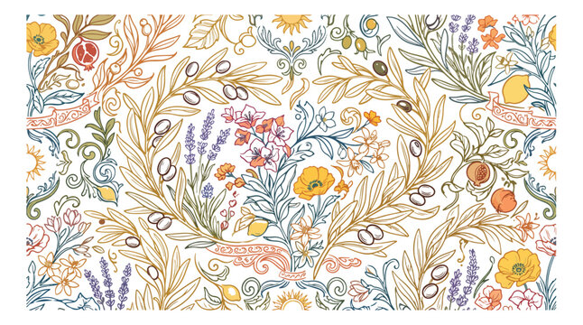 Vintage Mediterranean floral pattern vector, hand drawn olive branches and lavender flowers wallpaper, rustic botanical seamless background