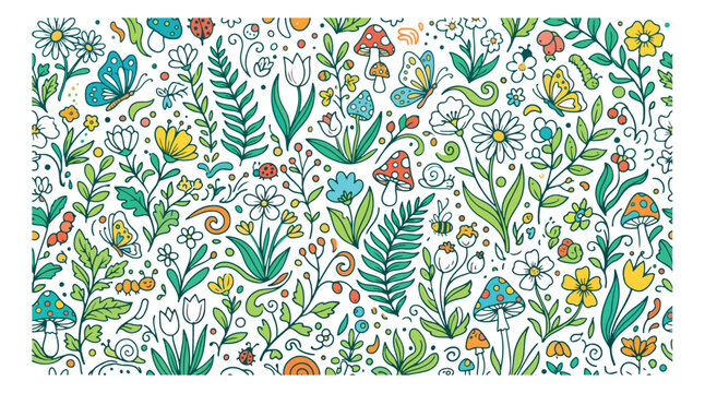 Hand drawn forest pattern with wildflowers and mushrooms, whimsical garden botanical vector illustration, colorful meadow floral background