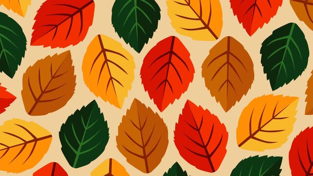 Seamless autumn leaf pattern featuring vibrant red, orange, yellow, green, and brown foliage on a warm beige background. Ideal looping footage for seasonal videos, nature themes