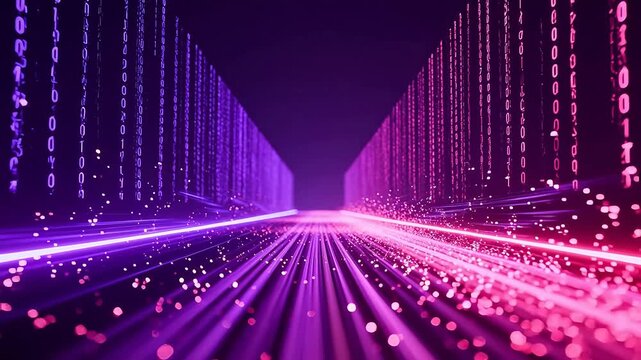 Digital binary code tunnel with glowing lines