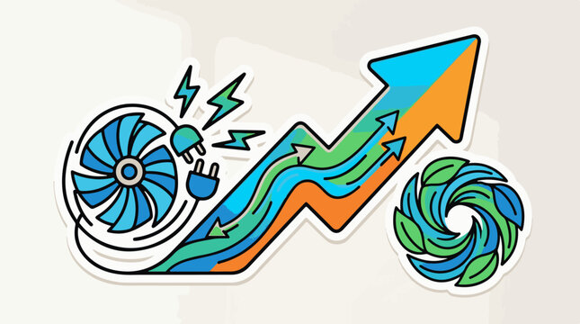 A blue and green arrow shoots up from a fan and electrical plug towards a green and blue swirl