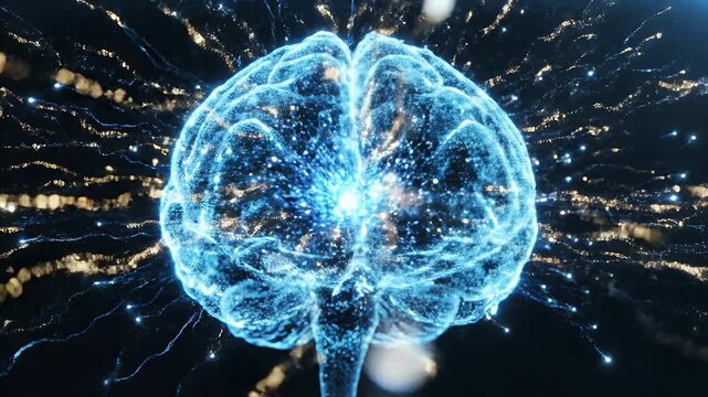 Luminous Digital Brain with Glowing Neural Connections - A bright, abstract digital representation of a human brain composed of luminous blue particles and intricate glowing connections.