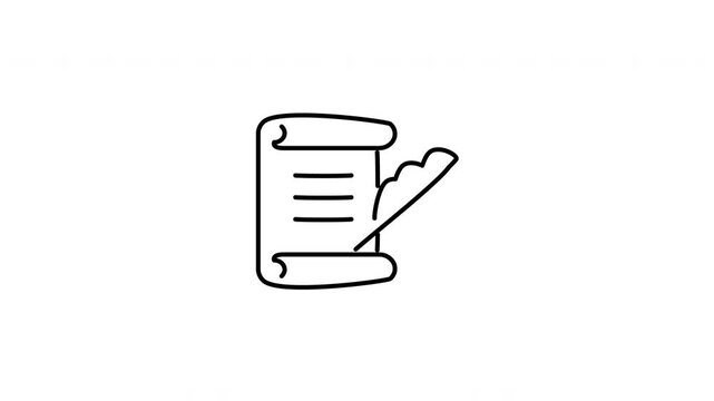 Minimalist outline animation of a historical document scroll with a quill pen depicting declaration drawing on and fading out. Features 3 color setups.